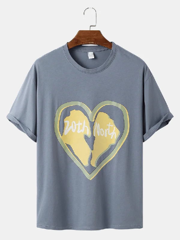 Clearance Event Mens Cotton Heart Shaped Print Crew Neck T-Shirts