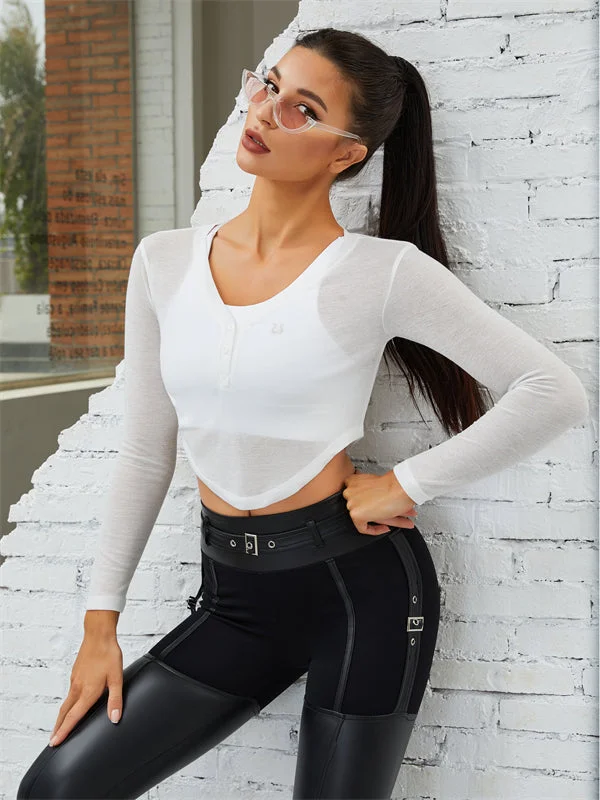 Weekend Savings Galore ZASUWA Female Hollow Out Cross Back PU Glossy Metal Buttons Breathable Sportswear
