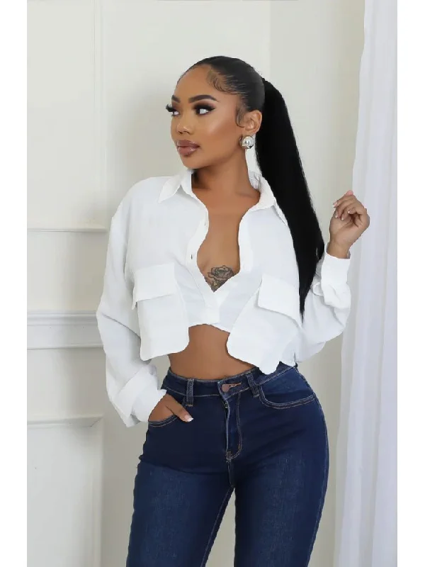 Daily Special Plain Flap Pockets Lapel Cropped Shirt