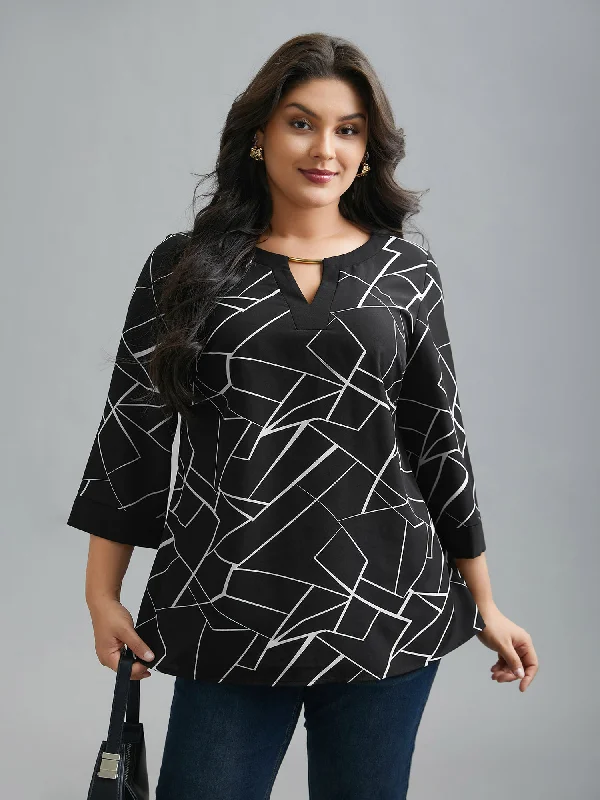 Shop and Save Geometric Print Metal Detail Spliced Blouse