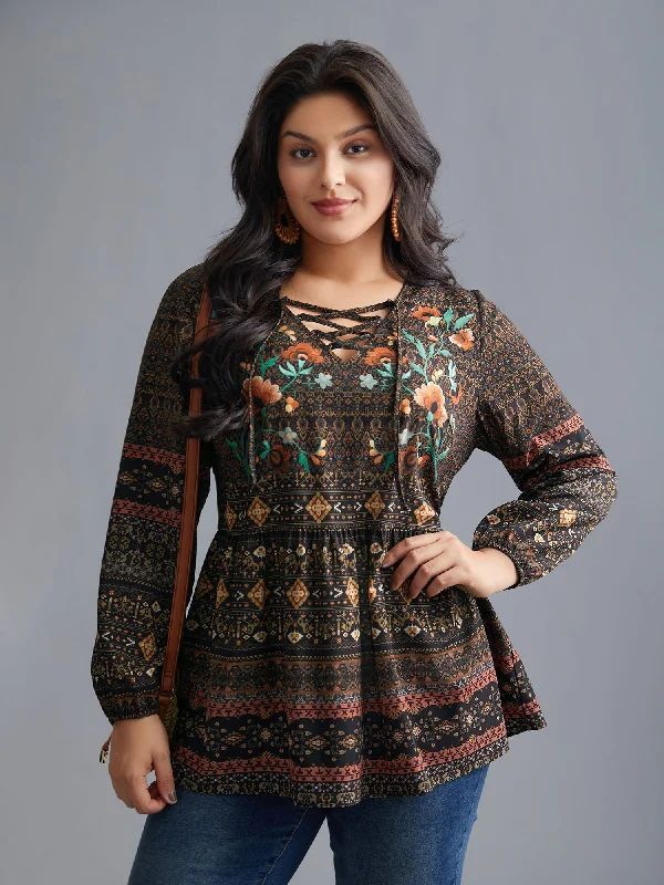 Weekend Discounts to Delight Floral Bandana Crisscross Blouse