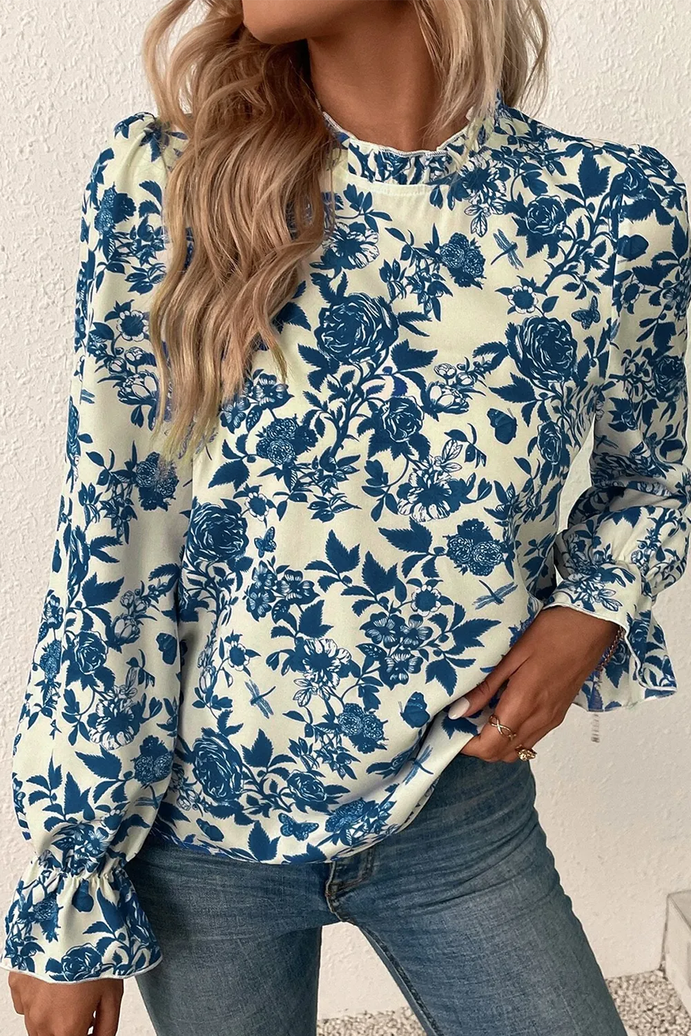 Weekend Deal Printed Mock Neck Flounce Sleeve Blouse