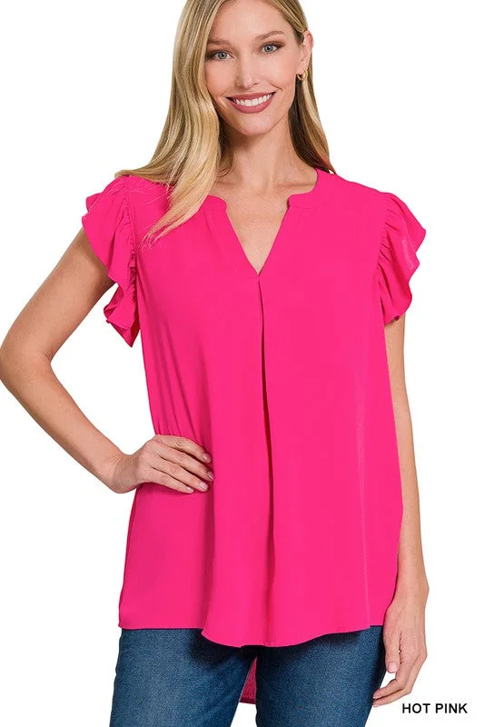 Special Discount WOVEN WOOL PEACH RUFFLED  SLEEVE HIGH-LOW TOP