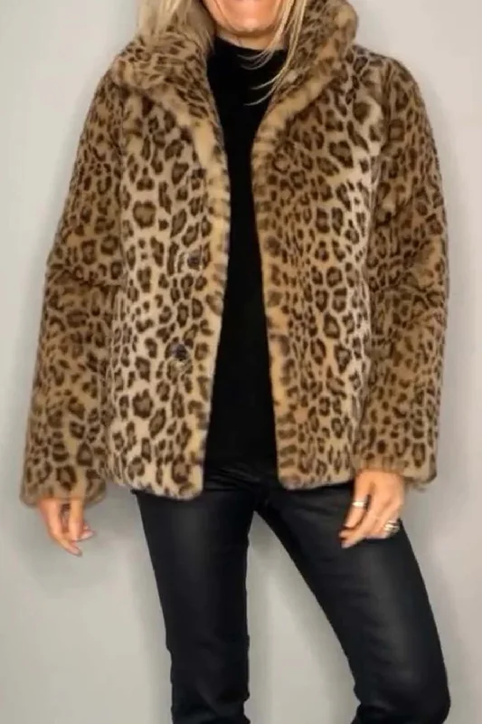 Weekend Flash Sale Full Size Leopard Furry Collared Neck Long Sleeve Coat