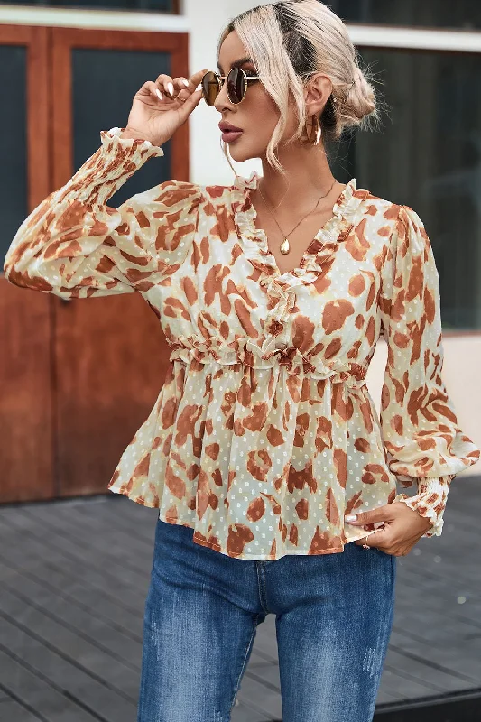 Big Discounts Frill Printed V-Neck Lantern Sleeve Blouse