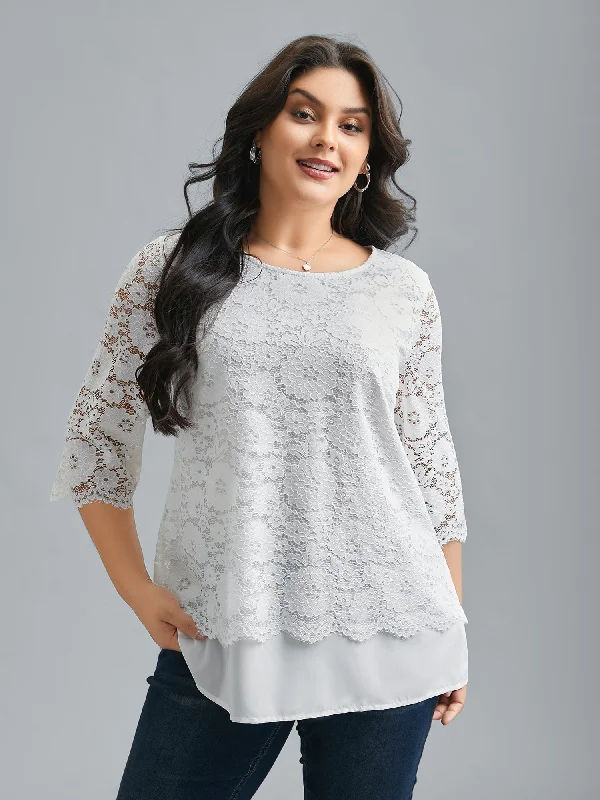 Epic Deals Layered Crochet Lace Semi-Sheer Blouse
