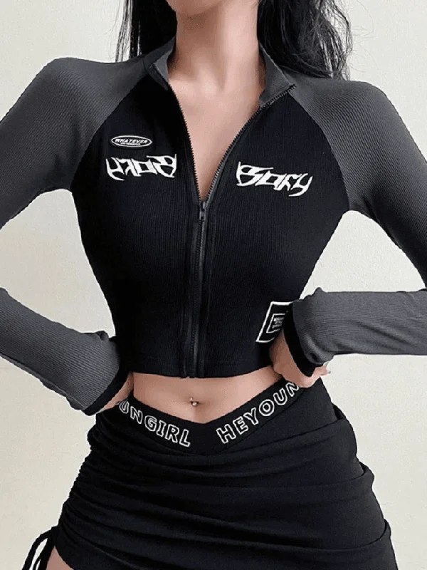 Friends and Family Sale BerryBetty - Patchwork Zip-Up Long Sleeve Crop Top