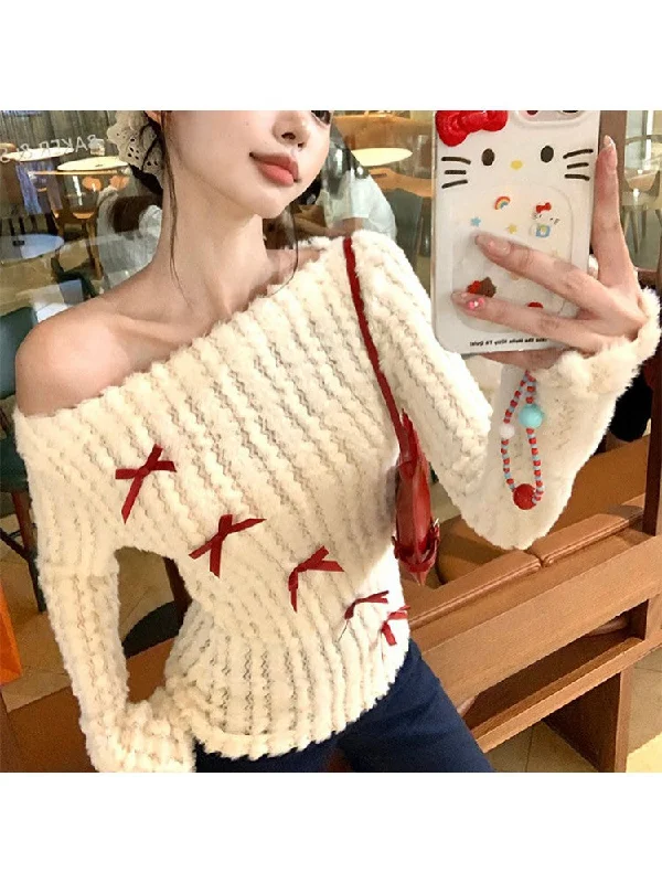 Time-Limited Offer Bow Patchwork Fluff Off Shoulder Tops