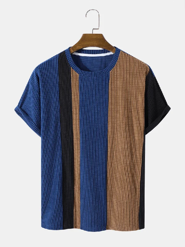 Massive Deals Mens Corduroy Veins Color Block Casual T-Shirts