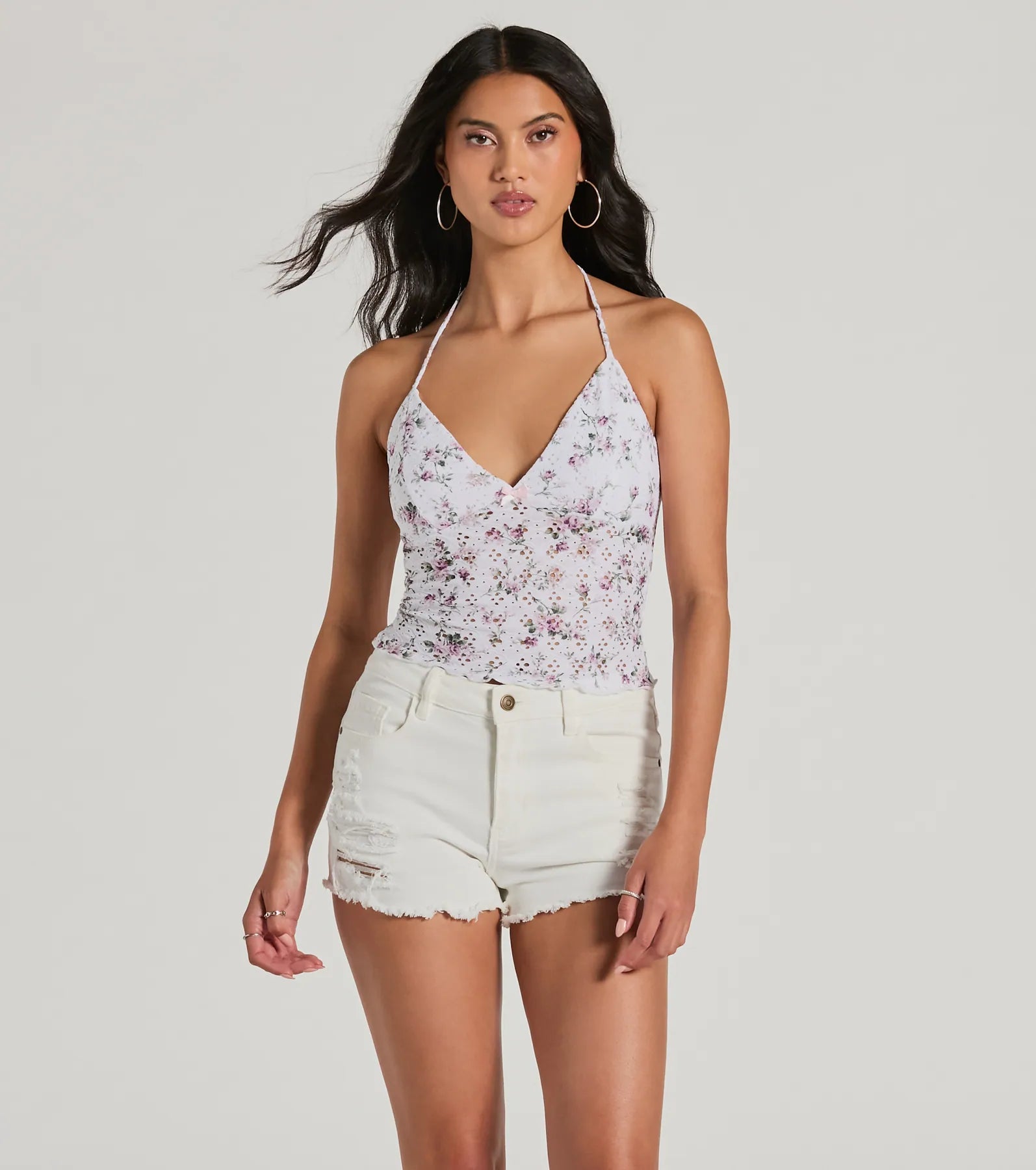 Weekend Savings Extravaganza Pick Me Halter Floral Eyelet Crop Top