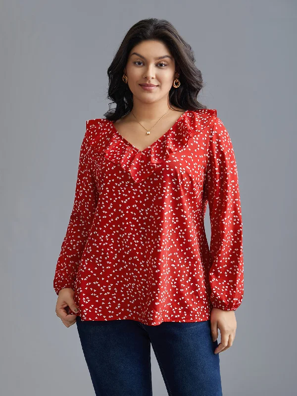 Your Weekend, Your Savings V Neck Ruffle Heart Blouse