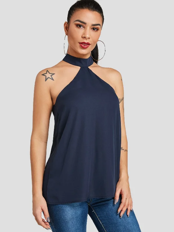 Weekend Offers You Can't Ignore Custom Halter Plain Sleeveless Navy Tank Top