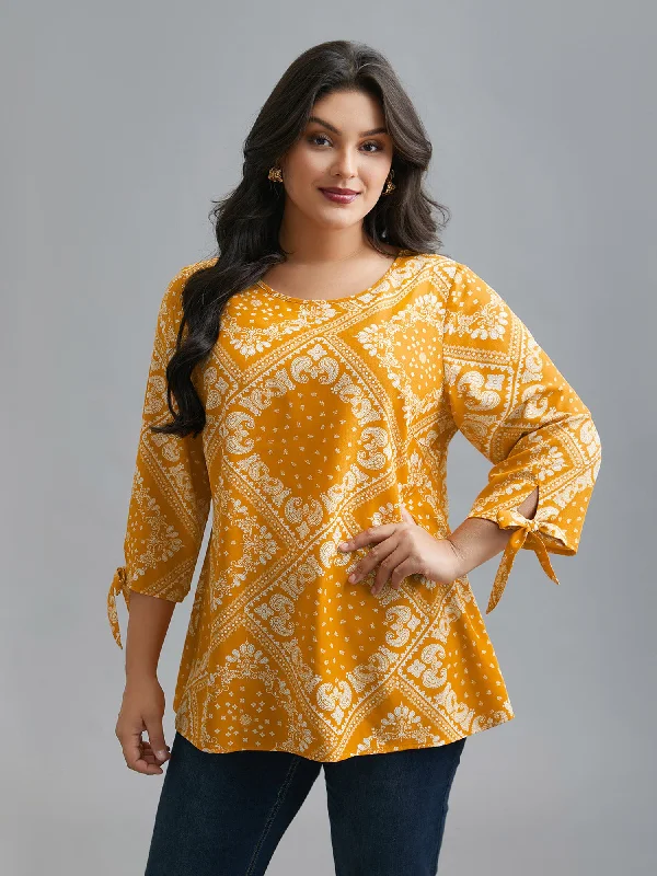 Huge Discounts Round Neck Bandana Print Sleeve Tie Blouse