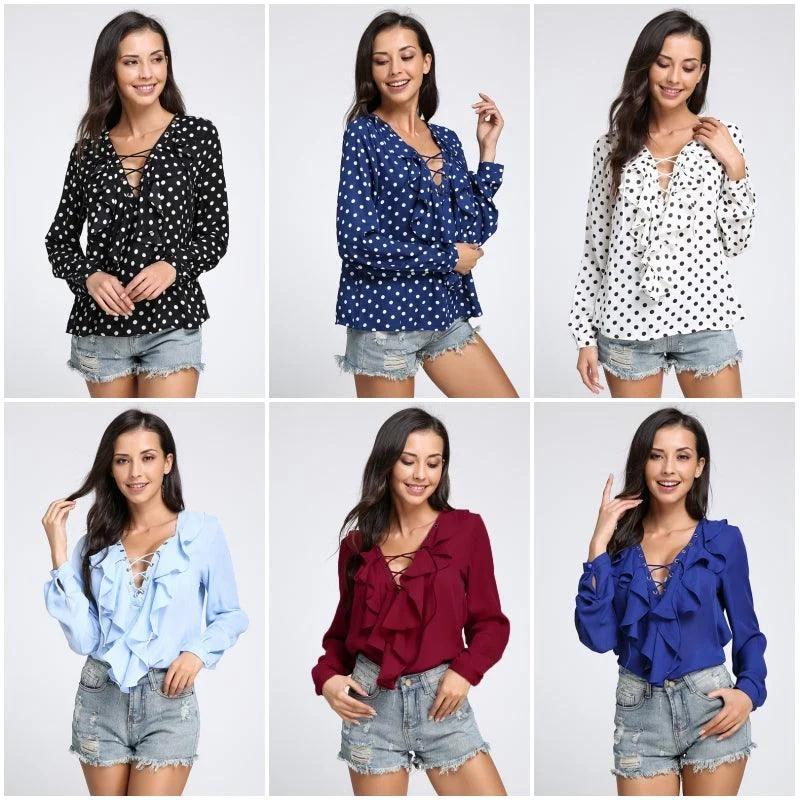 Weekend Deals That Dazzle CHIFFON RUFFLED COLLAR LACE-UP TOP