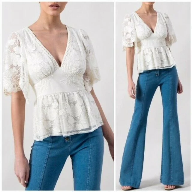 Unmissable Offer Dainty Cream Floral Lace Peplum Floral Top Casual Boho Blouse Womens