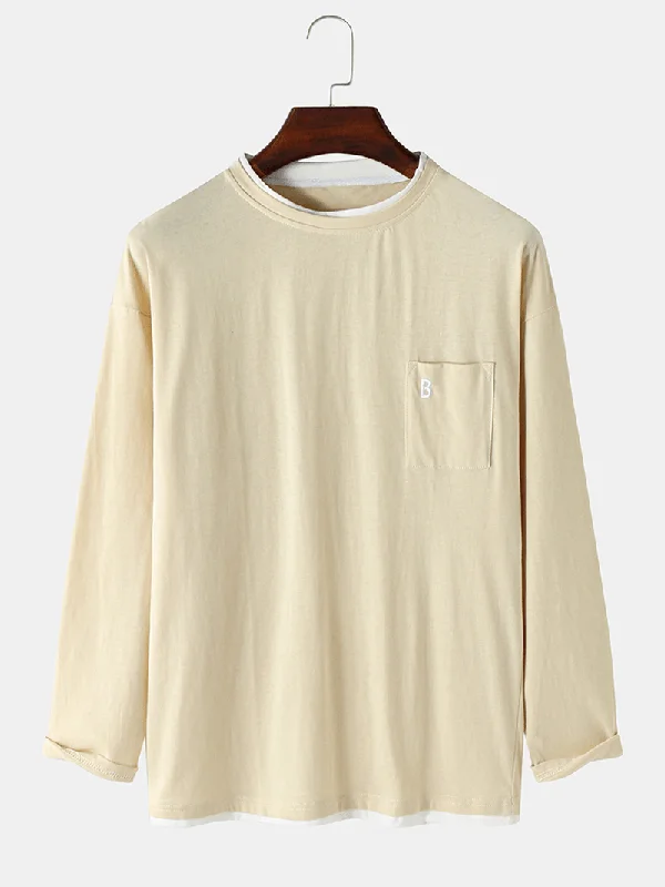 Online Only Mens Solid Long Sleeve Embroidery Splicing T-Shirt