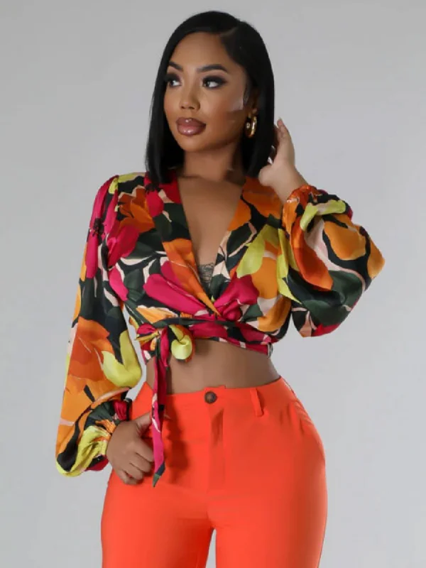 Act Now Colorblock Floral Bandage Cropped Shirt