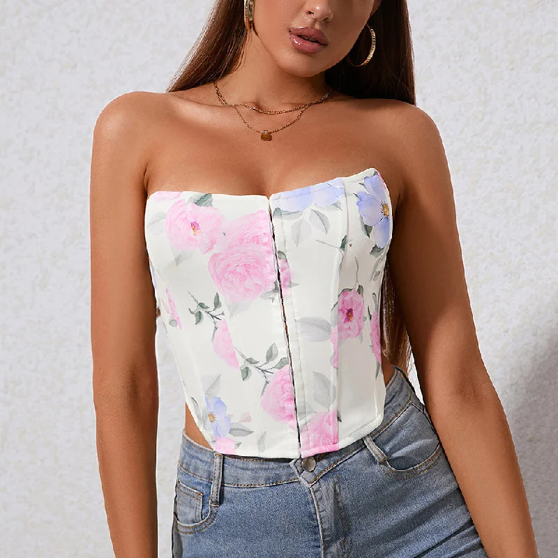 Quick Sale Printed Off-Line Neck Strap Backless Corset Wholesale Womens Tops