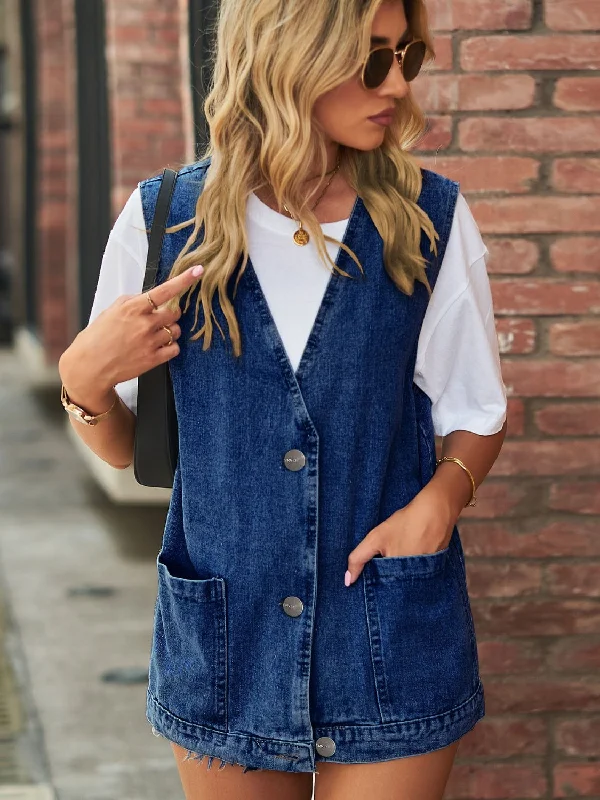 Weekend Bargains to Snag Full Size V-Neck Button Up Denim Vest