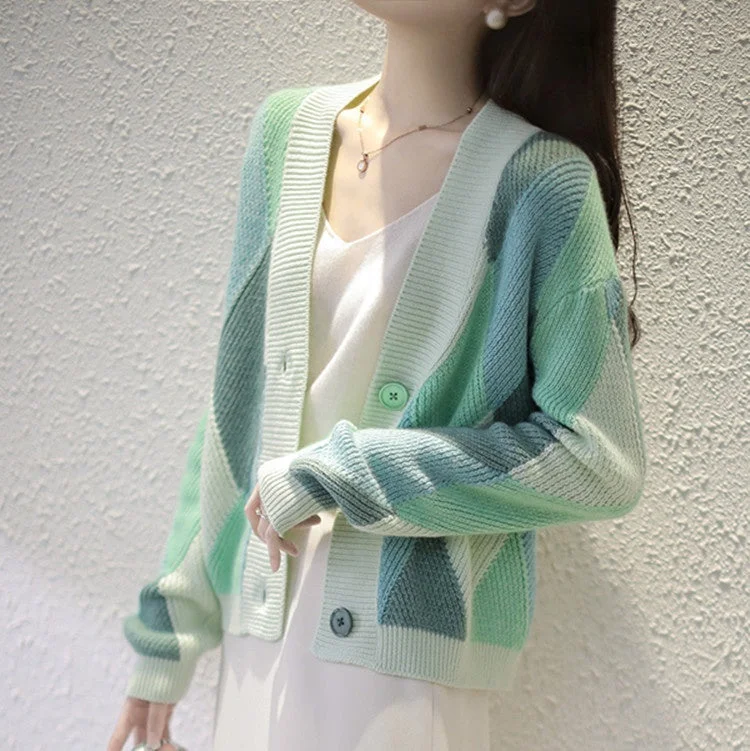 Mega Sale Women's Knitted Cardigan Sweater Coat New Style 2022 Korean Color Matching Loose Fashion Geometric Short Paragraph Mega Sale Women's Knitted Cardigan Sweater Coat New Style 2022 Korean Color Matching Loose Fashion Geometric Short Paragraph