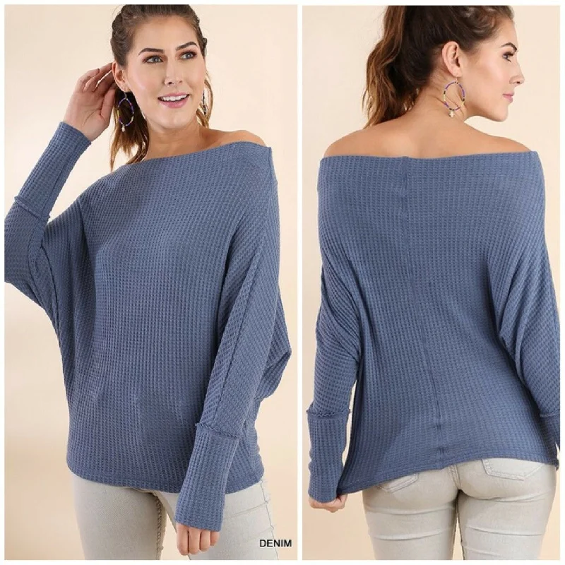 Don't Miss Out Umgee Denim Blue Knit Off Shoulder Long Sleeve Batwing Casual Solid Top