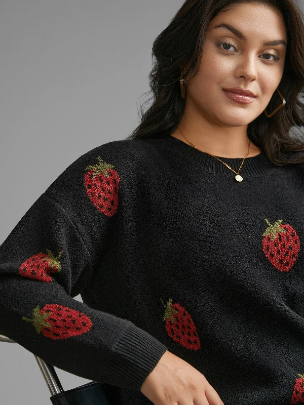 Weekend Deals to Make You Happy Strawberry Jacquard Drop Shoulder Sleeve Pullover