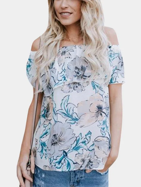 Markdowns Custom Off The Shoulder Floral Print Short Sleeve T-Shirts