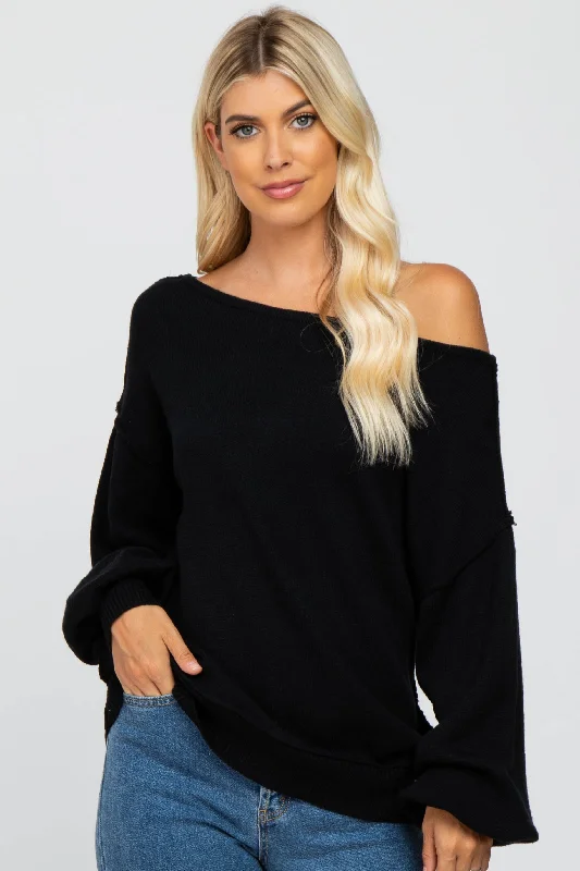 Buy Now Black Boat Neck Bubble Sleeve Sweater