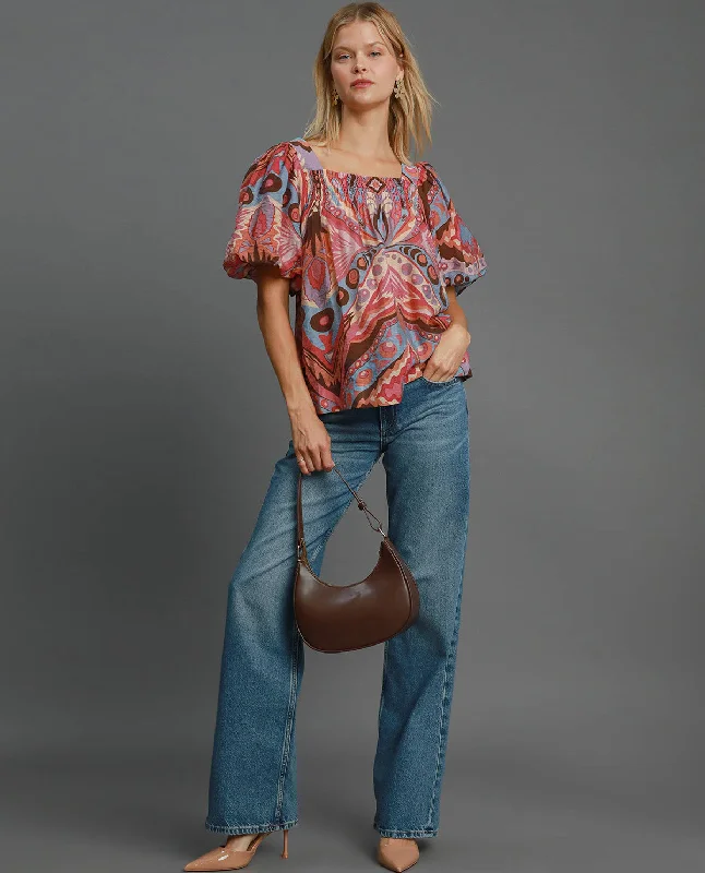 Great Bargains Abstract Print Square Neck Top