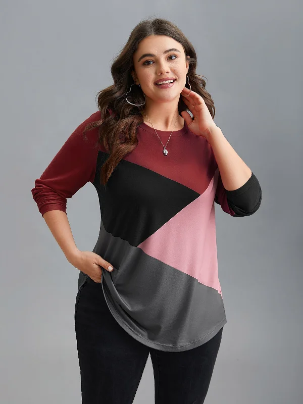 Mega Sale Geometric Color Block Curved Hem Top