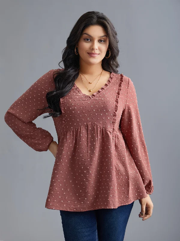 Closeout V Neck Ruffle Trim Elastic Cuffs Blouse