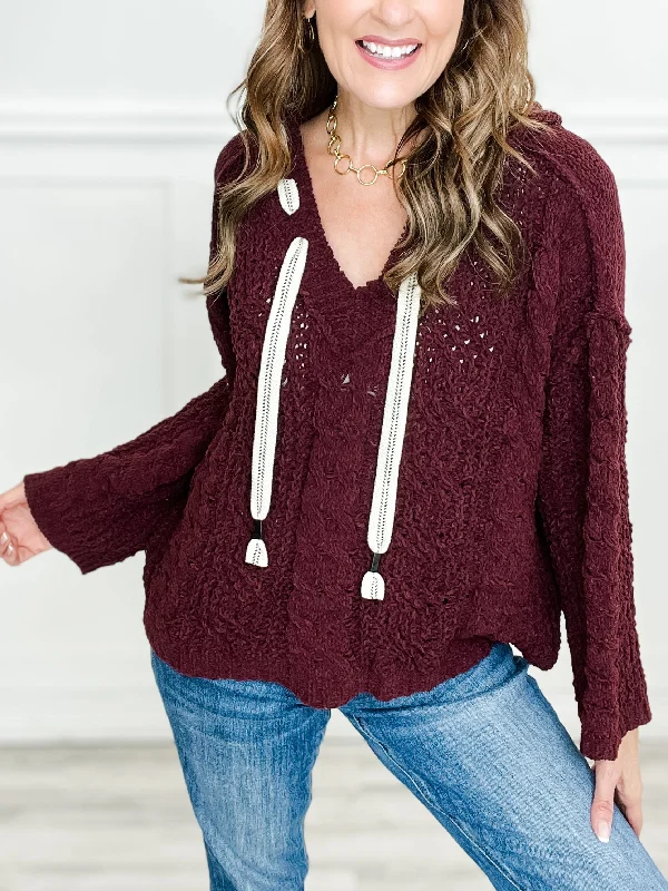 Exclusive Deal Bitter Sweet Symphony V-Neck Hooded Cable Knit Chenille Sweater