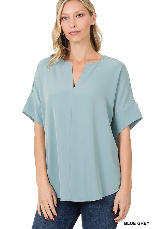 Deal of the Day HEAVY WOVEN SPAN SPLIT NECK SHORT SLEEVE TOP