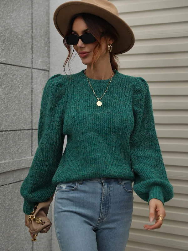 Act Now Heathered Long Lantern Sleeve Rib-Knit Sweater