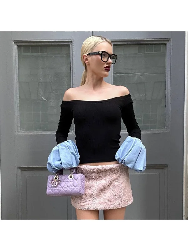 Instant Deal Colorblock Puff Sleeve Off Shoulder Tops