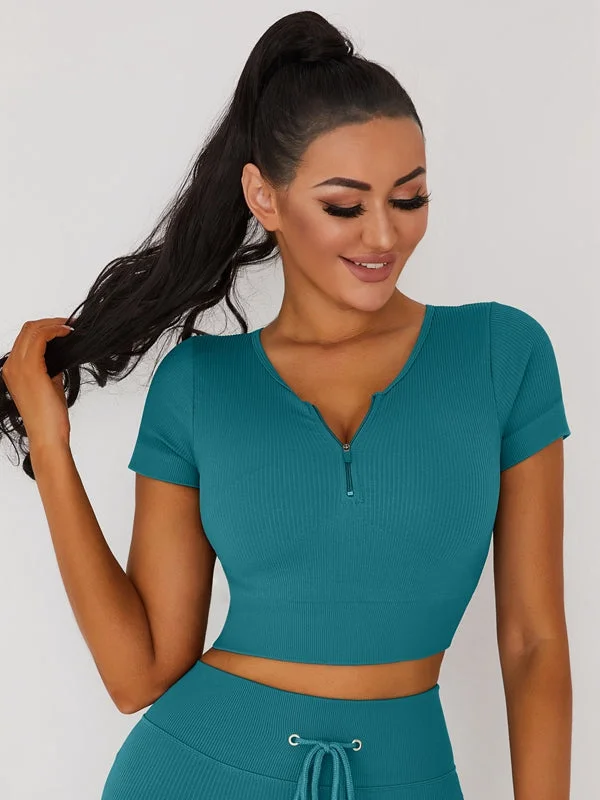 Weekend Offers You Can't Ignore ZASUWA Female Knitted Chest Zipper Yoga Short Sleeves