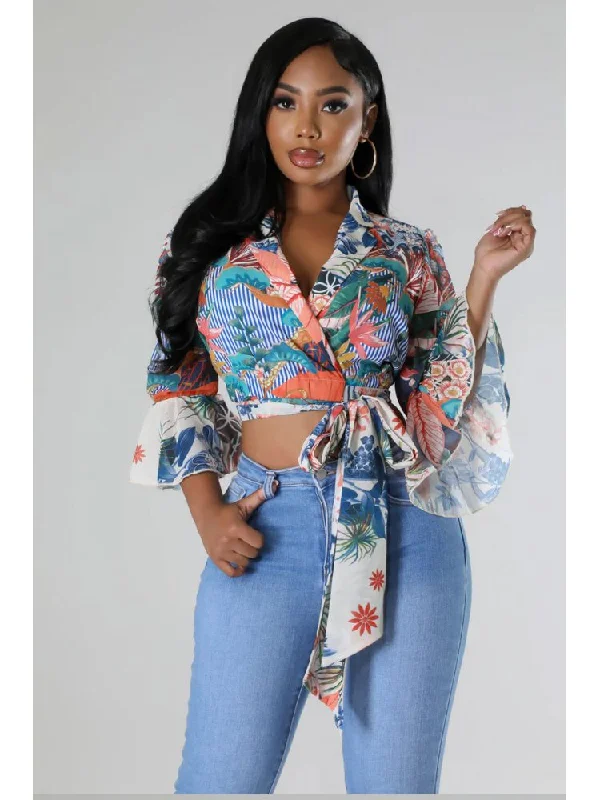One-DAY Sale Floral Trumpet Sleeve Bandage Cropped Shirt