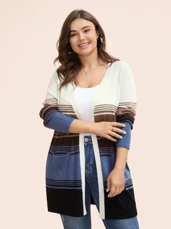 Weekend Discounts to Enjoy Striped Contrast Wool Blend Patched Pocket Cardigan