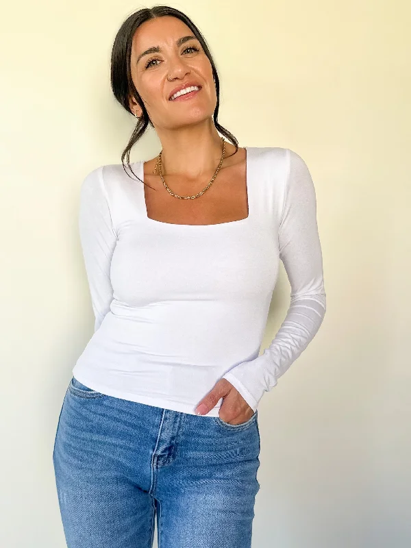 Quick Deals Square Neck Long Sleeve - White