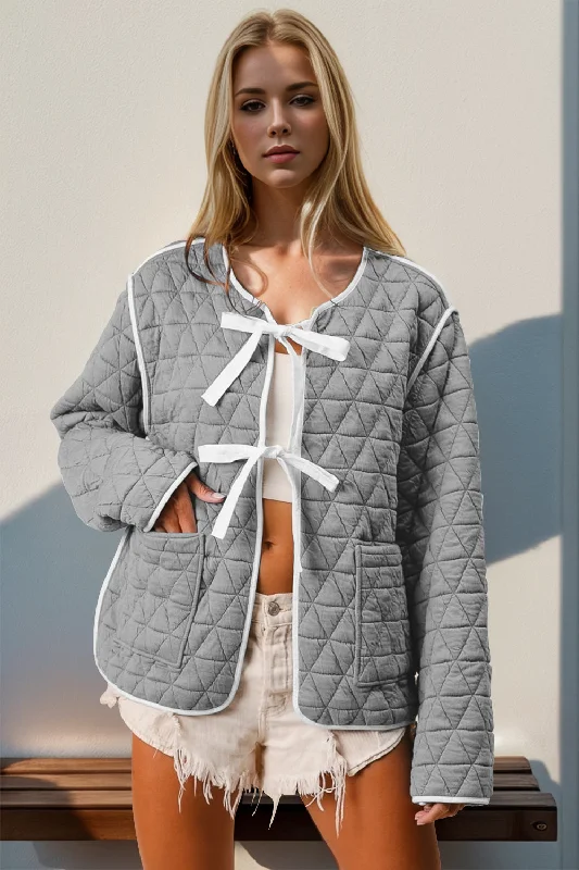 Quick Sale Double Take Contrast Trim Tie Front Quilted Jacket with Pockets