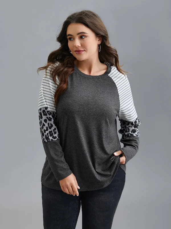 Super Discount Mixed Leopard Print Raglan Sleeve T-Shirt