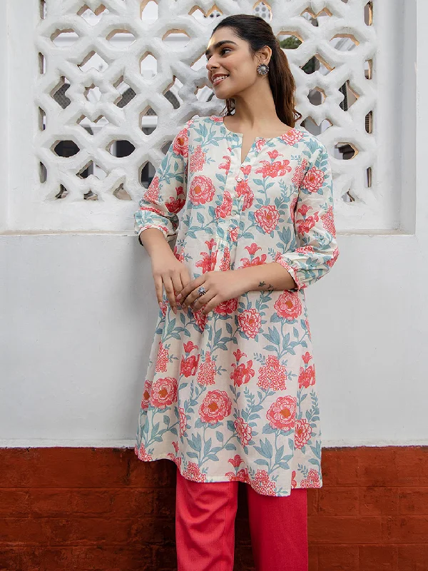 Great Deals Cream Cotton Floral A-Line Tunic