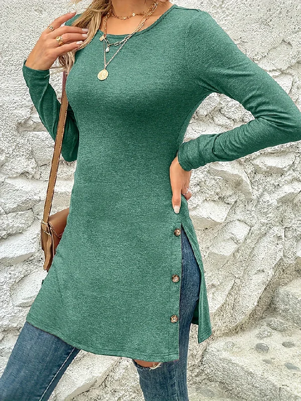 Weekend Special Decorative Button Slit Long Sleeve T-Shirt