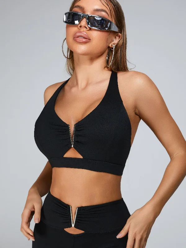 Weekend Bargains Await You ZASUWA Female Cutout V Shape Metal Sports Bras