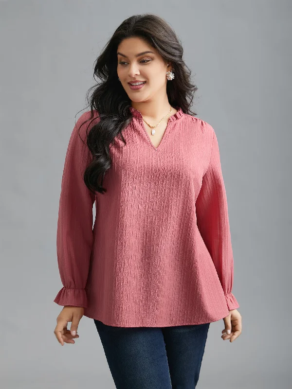 Don't Wait V Neck Frill Trim Textured Blouse