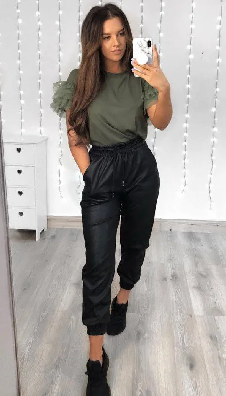 Deal Alert Tulle Puff Frill Sleeved T-Shirt In Khaki