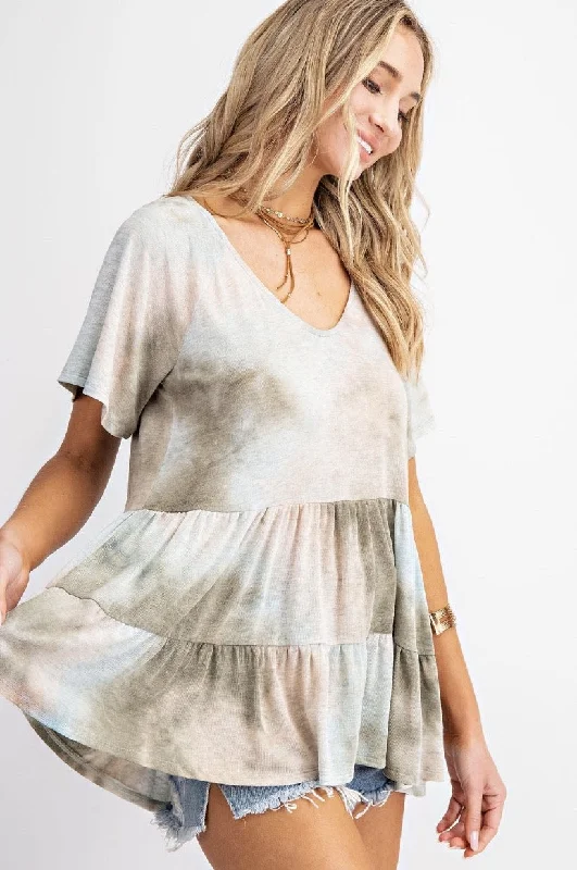 New Arrival Boho Olive Light Blue Tie Dye Short Sleeve Ruffle Babydoll Top Womens Casual
