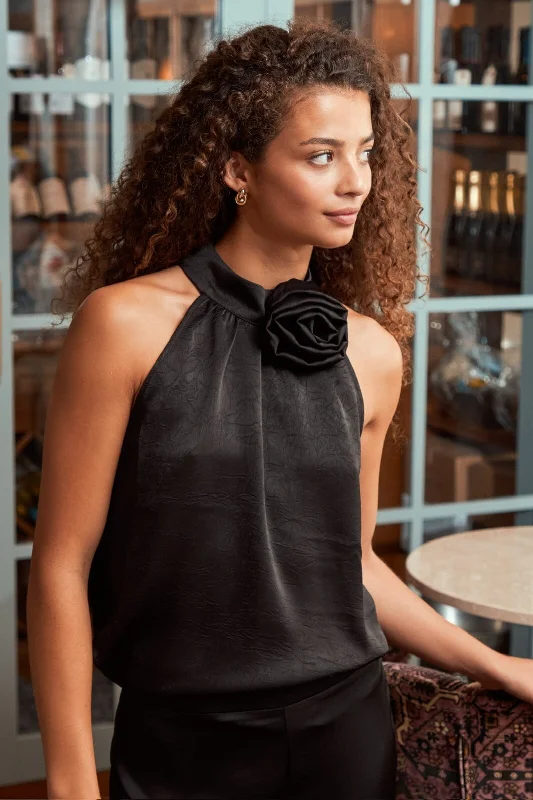 Can't Miss Neo Noir - Rosette Crinkle Sateen Top - Black