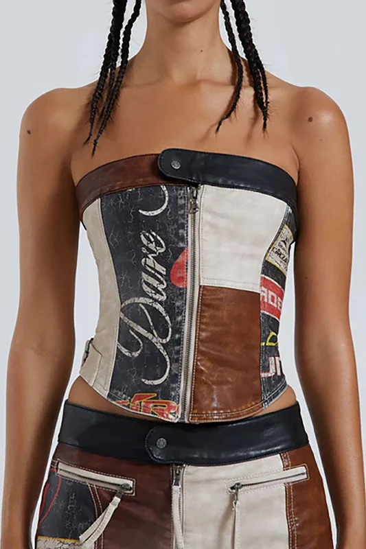Sale Event Contrast Letter Print Faux Leather Zipper Strapless Top