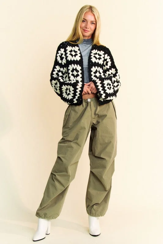 Closeout Sale Davi & Dani Full Size Two Tone Flower Square Crochet Open Front Cardigan